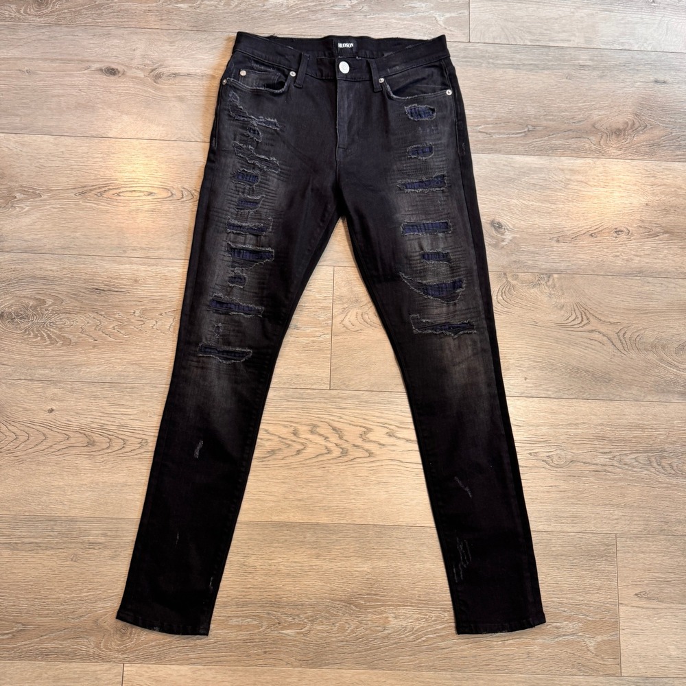 Hudson Jeans Nico Midrise Skinny‎ Jeans Size 27 Black Distressed Ripped Patched